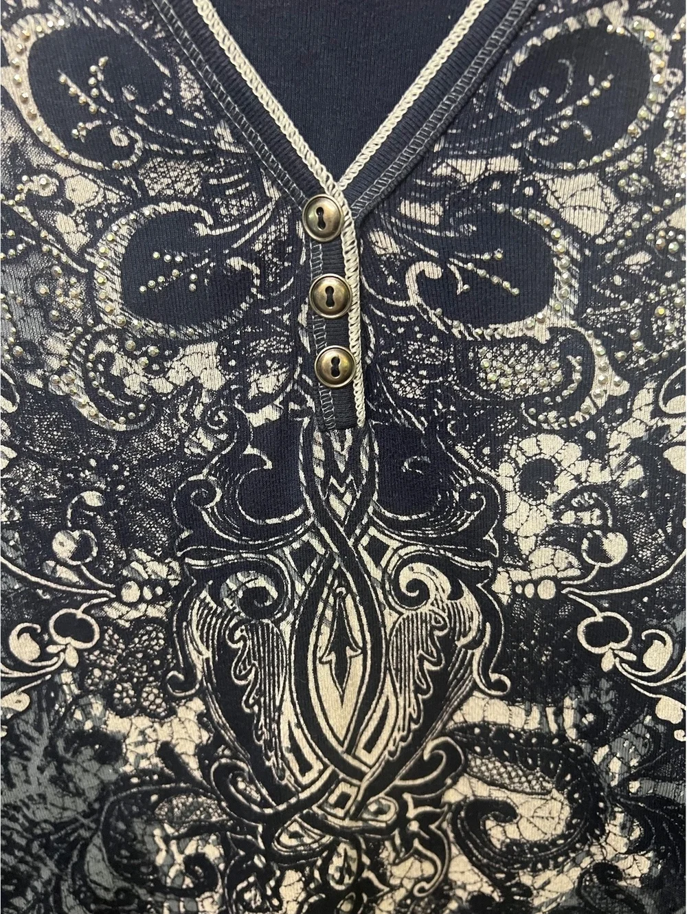 Blue Canyon Y2K Rhinestone Embellished Scroll Print Top XL Navy Gray Stretch